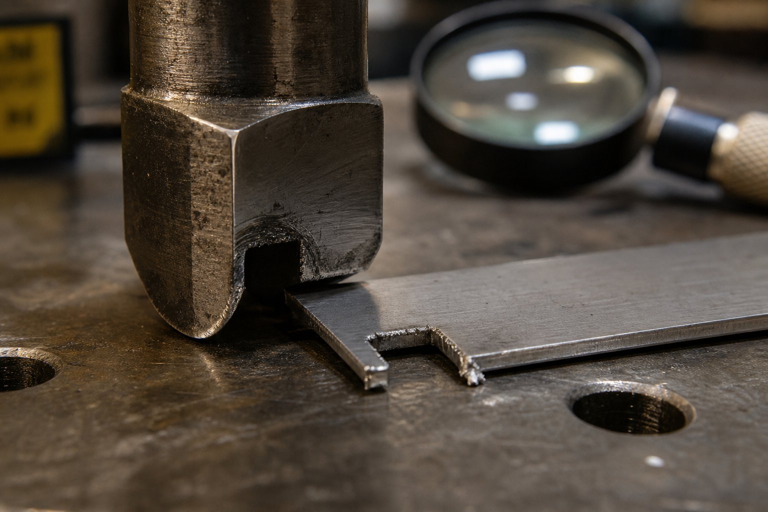 worn bypass notch punch edge and resulting burr formation on strip material during production inspection
