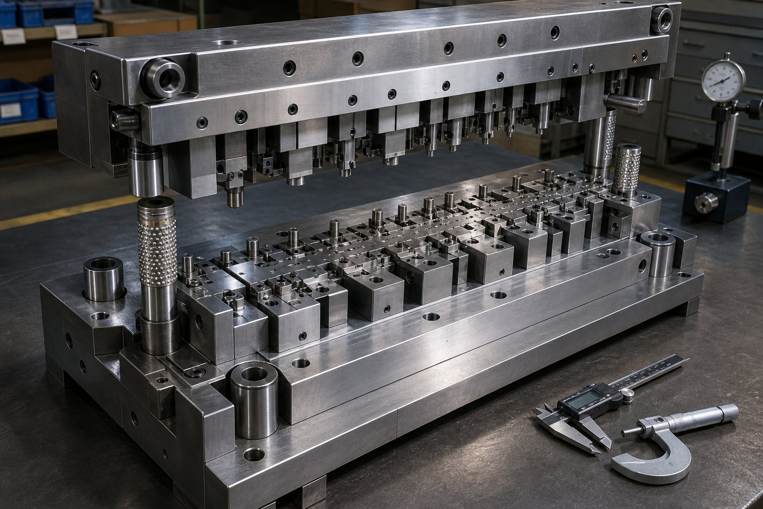 info-1-1 a multi station progressive die tool showing the upper and lower halves with sequential forming stations that drive wholesale part economics