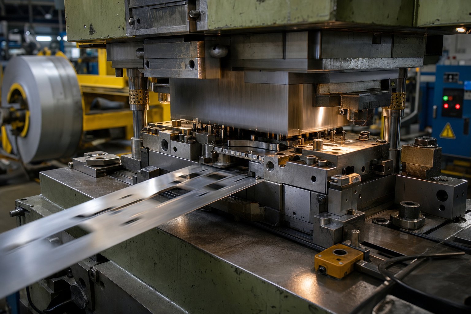 info-1-1 a progressive die stamping press advancing metal strip through sequential forming stations for high volume wholesale part production
