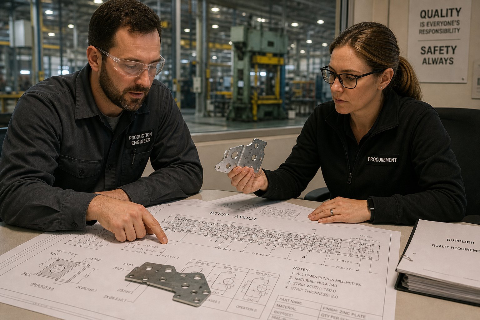 info-1-1 engineering and procurement teams collaborating on progressive die strip layout review before tooling production begins