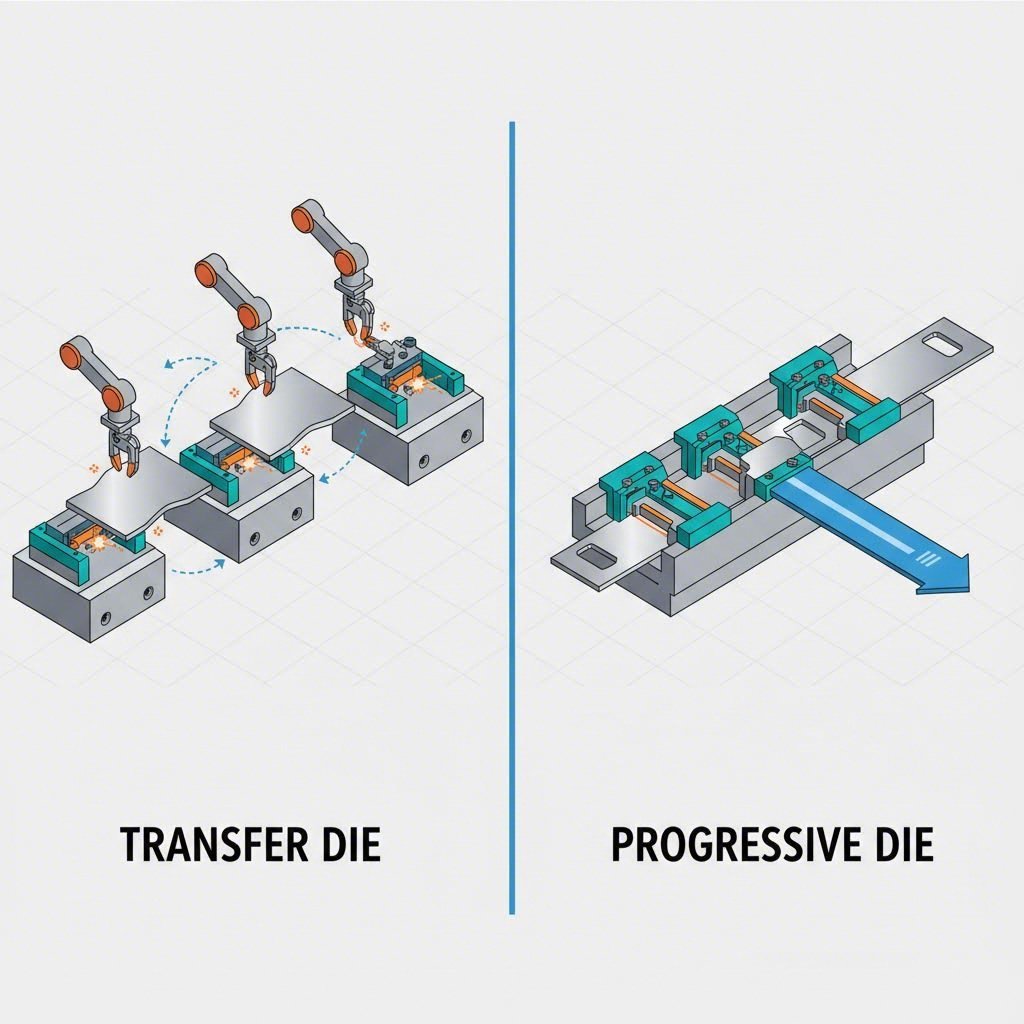 Schematic comparison of transfer die versus progressive die stamping