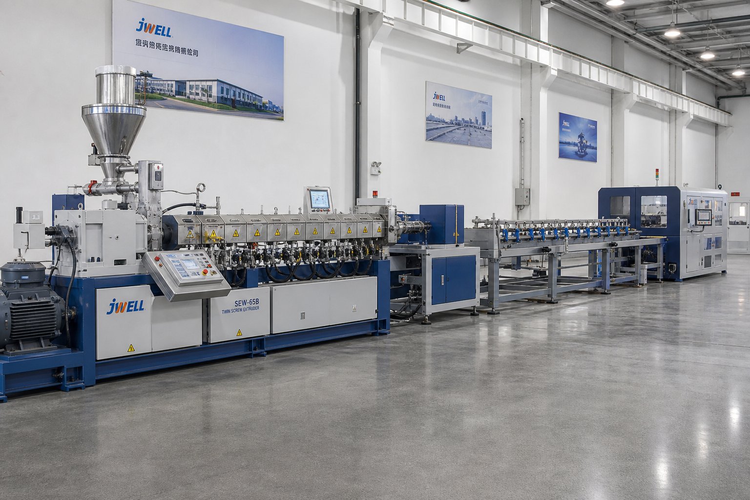 a fully installed used counter rotating twin screw extruder integrated into a complete production line on the factory floor