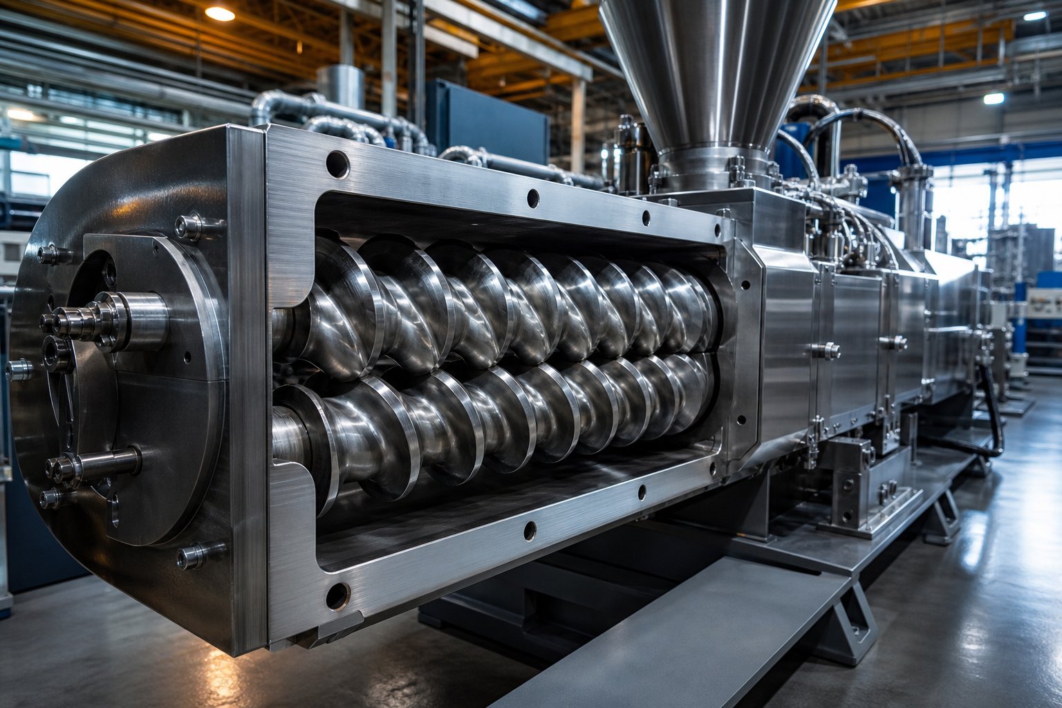 a used counter rotating twin screw extruder with exposed intermeshing screws ready for pre purchase inspection