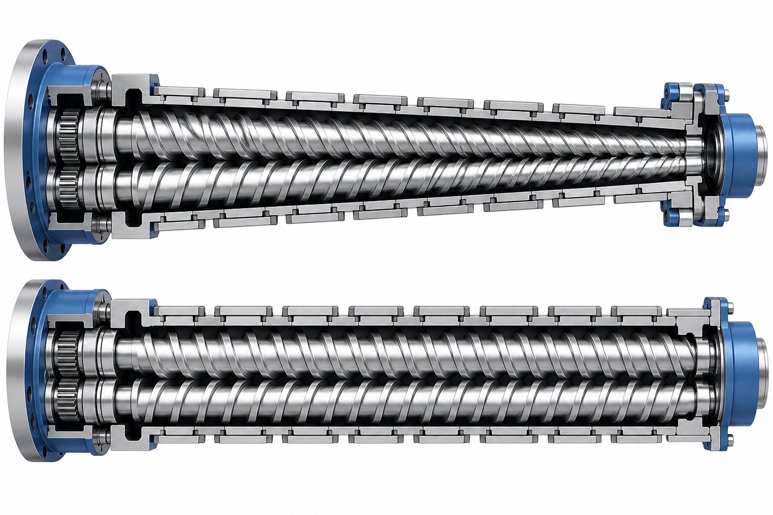 comparison of conical tapered screw geometry versus parallel constant diameter screw configuration in counter rotating extruders
