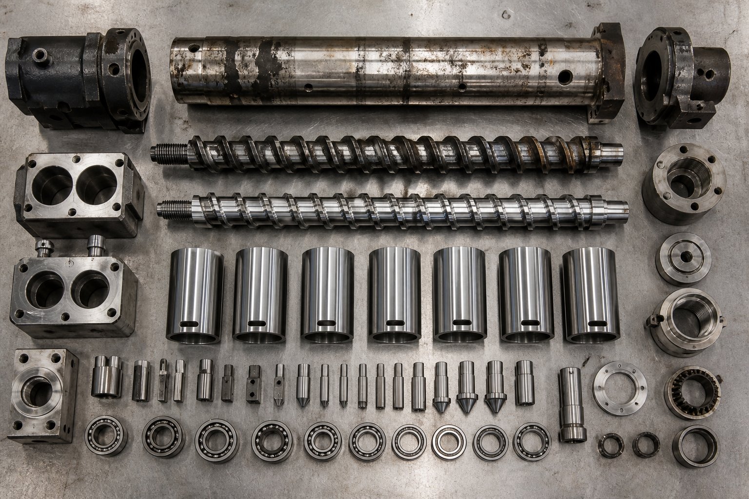 extruder screw elements and replacement barrel liner components staged for reconditioning of a used counter rotating machine