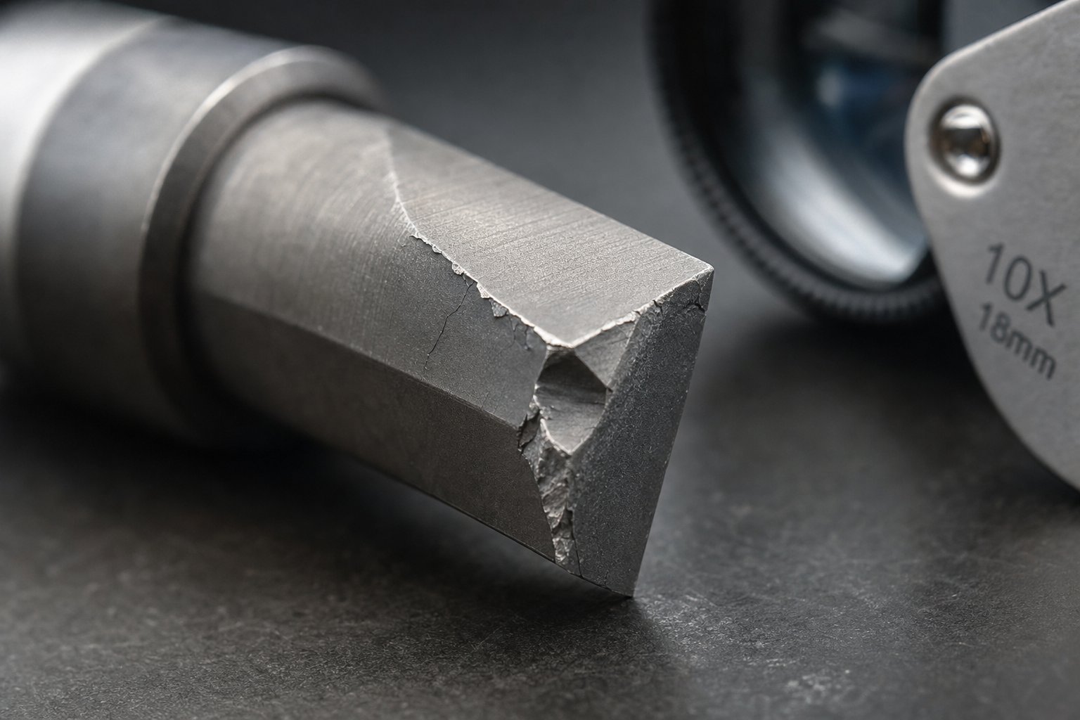 carbide punch edge showing chipping failure pattern used for diagnostic root cause analysis in progressive die maintenance