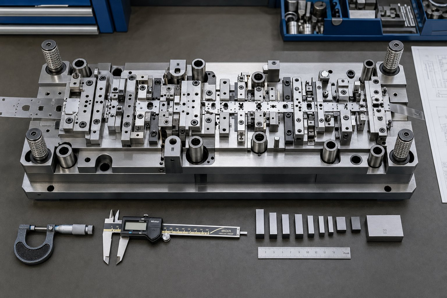 complete progressive carbide stamping die assembly ready for production installation with visible multi station layout