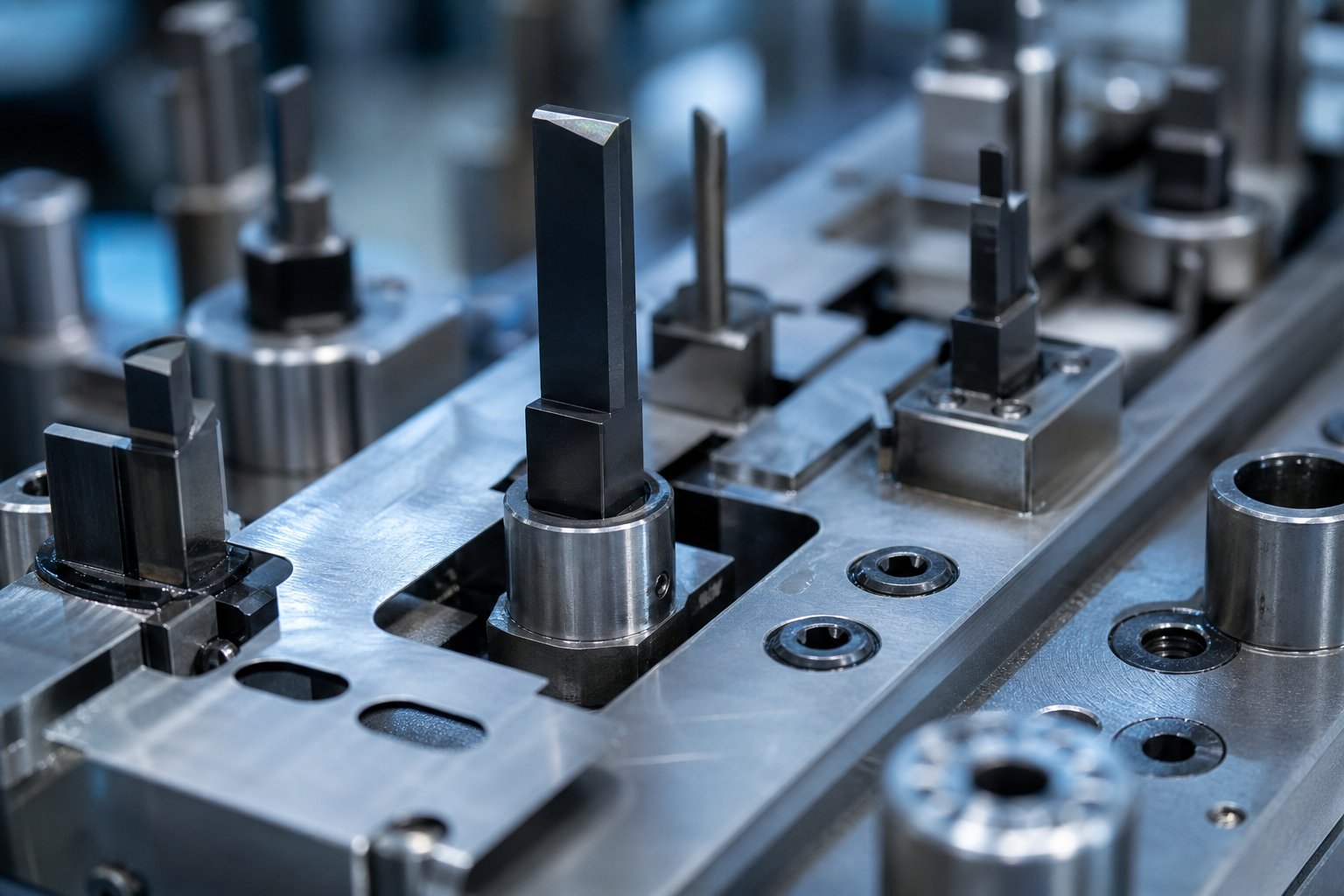 progressive carbide stamping die set with tungsten carbide punches and die buttons engineered for high volume production