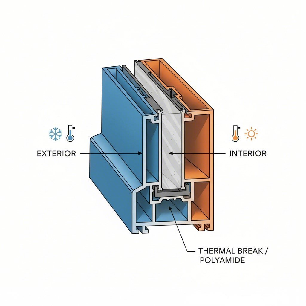thermal break barriers within aluminum profiles prevent heat transfer between interior and exterior surfaces