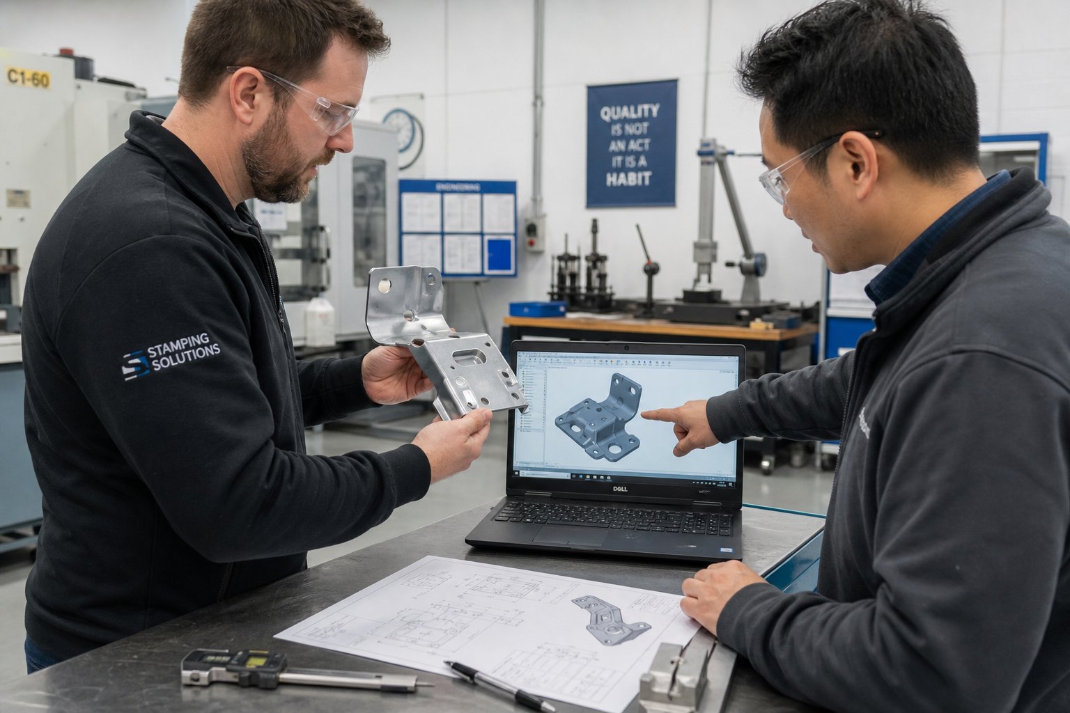 engineering team conducting collaborative dfm review comparing prototype stamped parts against cad design specifications
