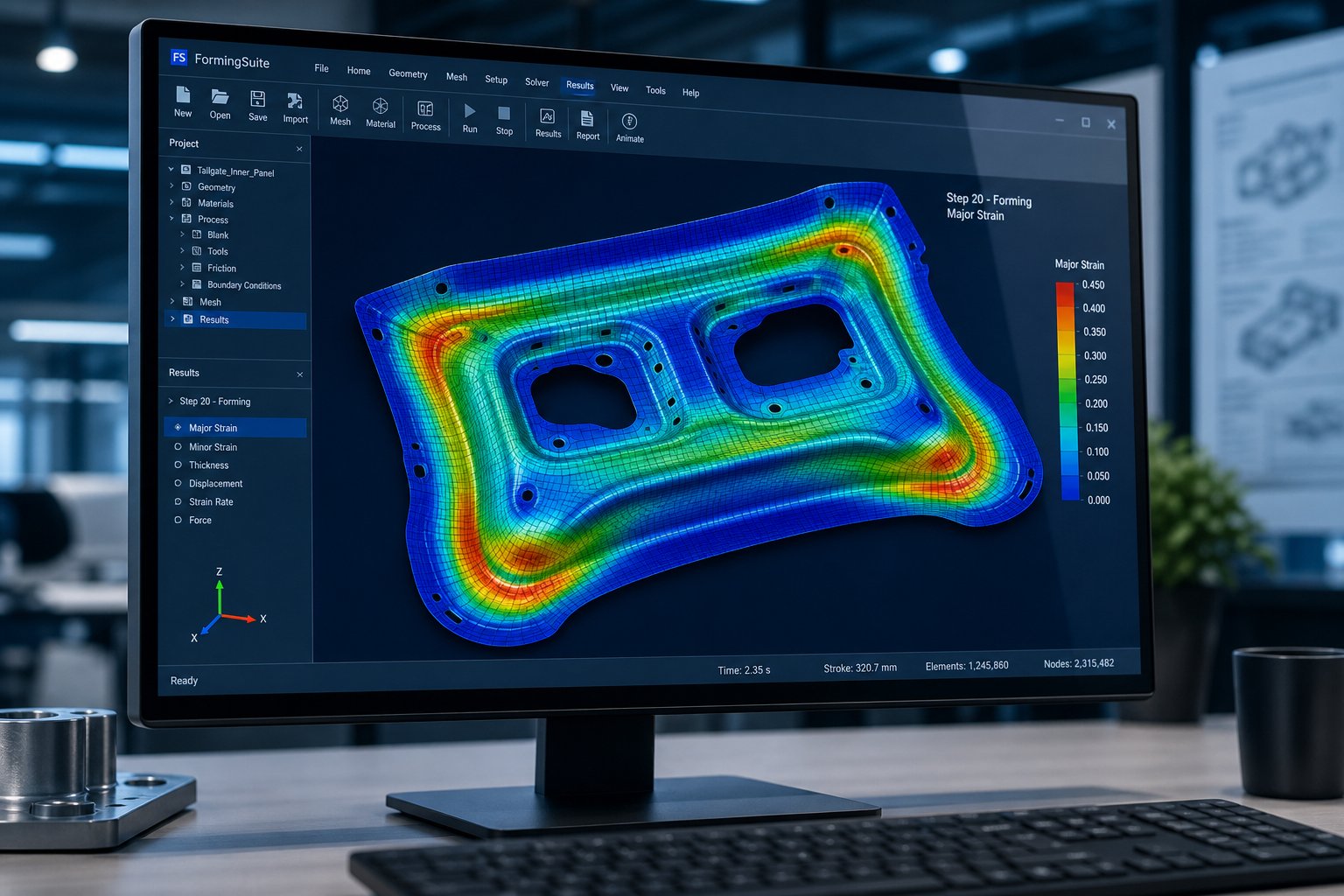 finite element forming simulation identifying strain distribution and potential thinning zones before physical die fabrication