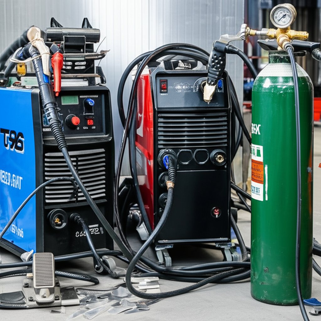 tig and mig welding setups for aluminum side by side in a workshop