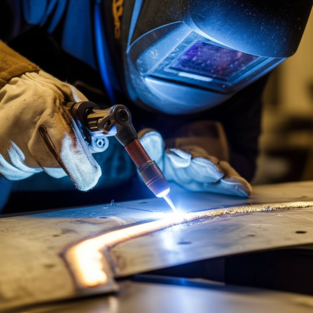 welder using tig technique to create a clean shiny aluminum weld bead