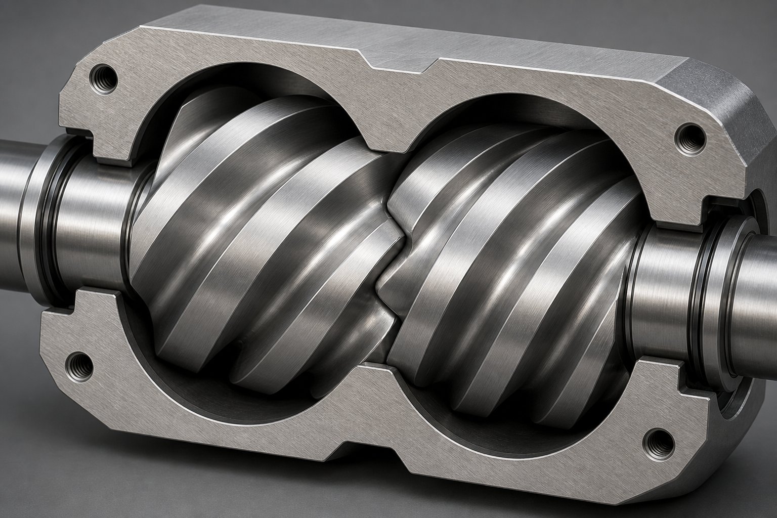 cutaway view showing how intermeshing screw flights interlock inside a twin bore barrel