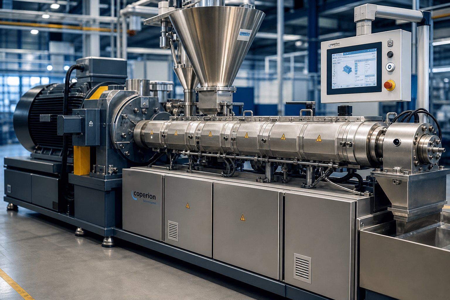 industrial intermeshing twin screw extruder on a polymer compounding production line