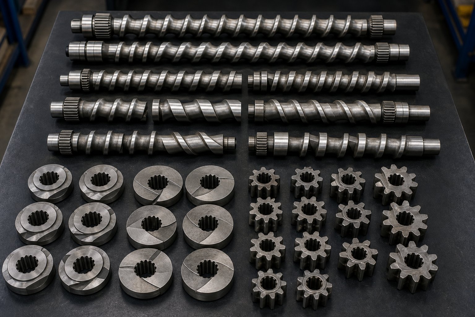 modular screw elements including conveying segments kneading blocks and mixing discs for twin screw profile design