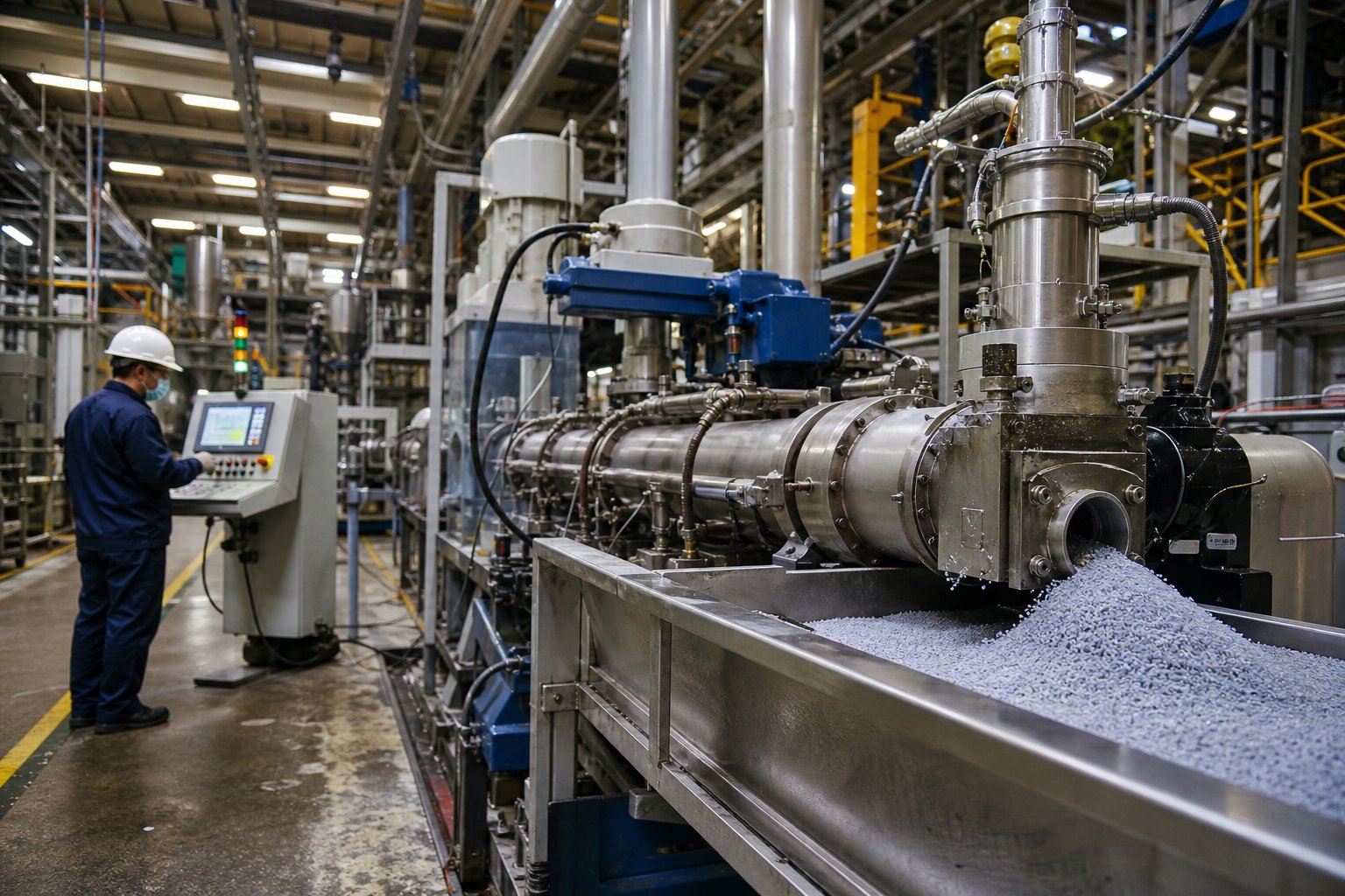 twin screw compounding line in operation at a polymer processing facility