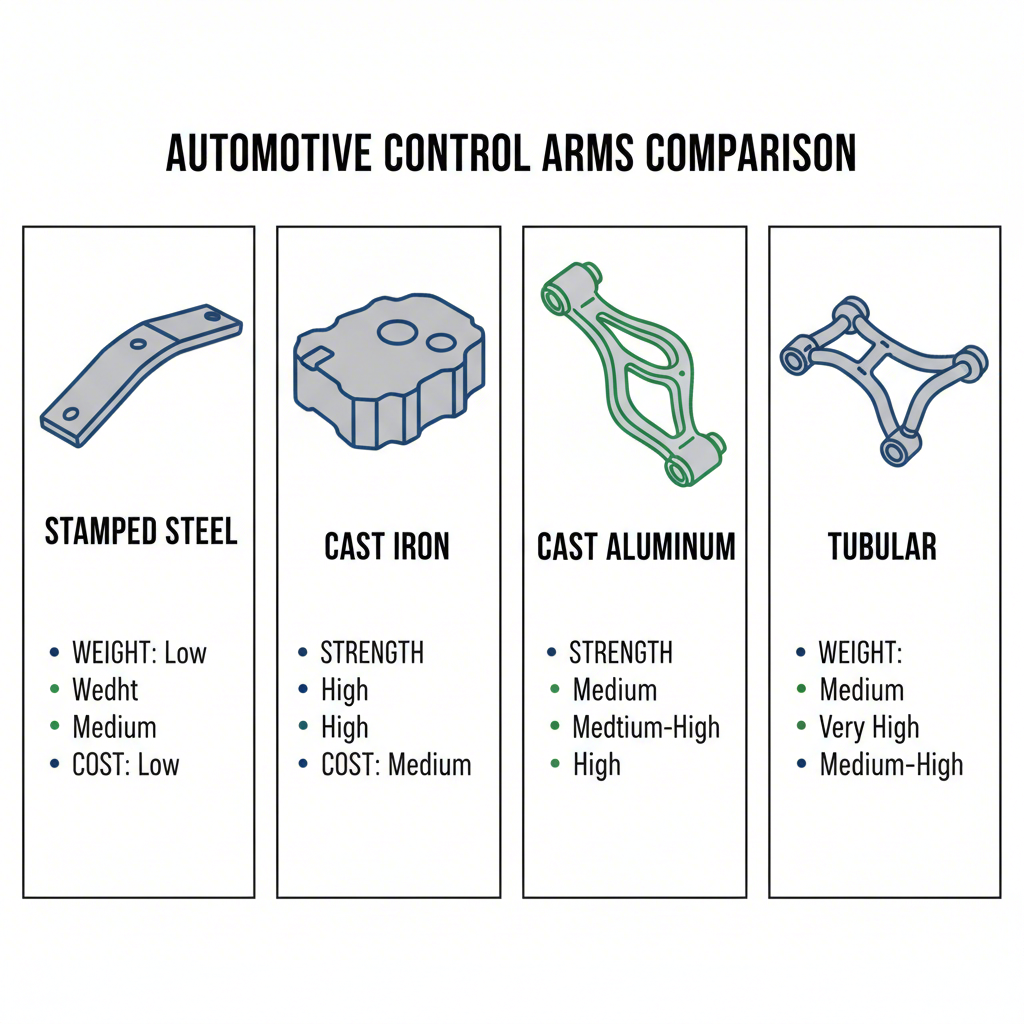 a visual comparison of different control arm materials and their primary characteristics