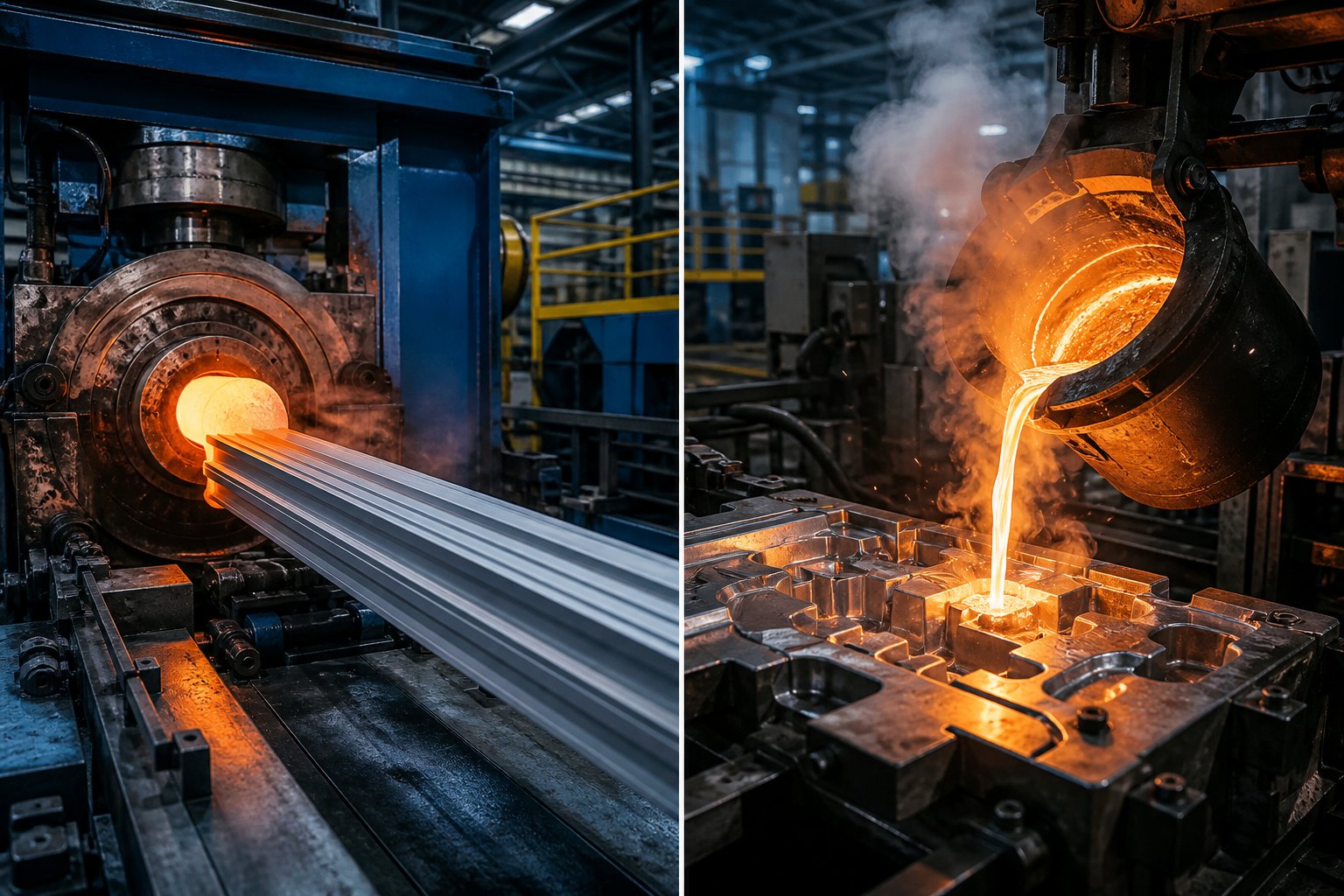 aluminum extrusion press and die casting mold illustrating two primary manufacturing methods