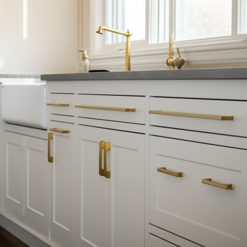 minimalist shaker cabinets with solid brass bar pulls in a modern kitchen