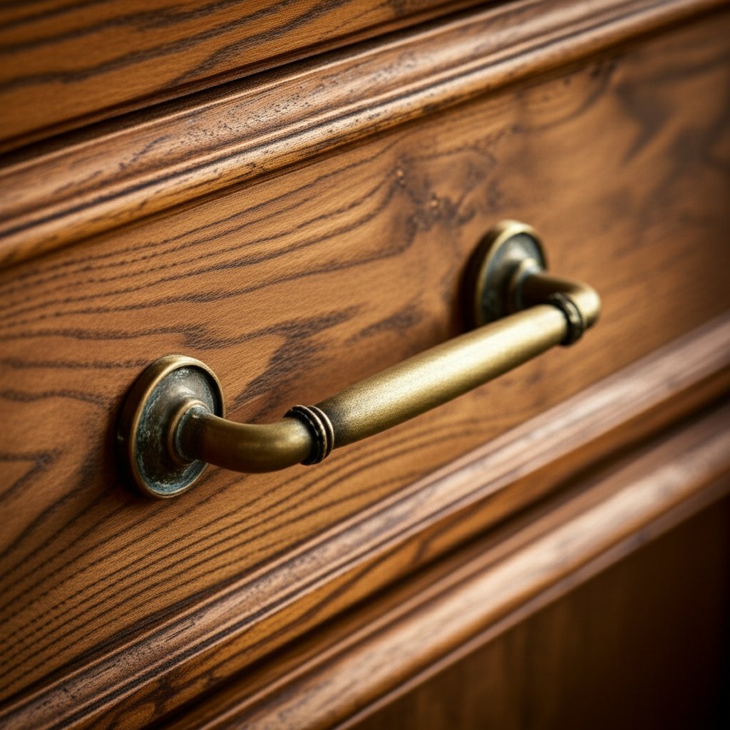 unlacquered brass pulls developing a unique patina on wood cabinetry