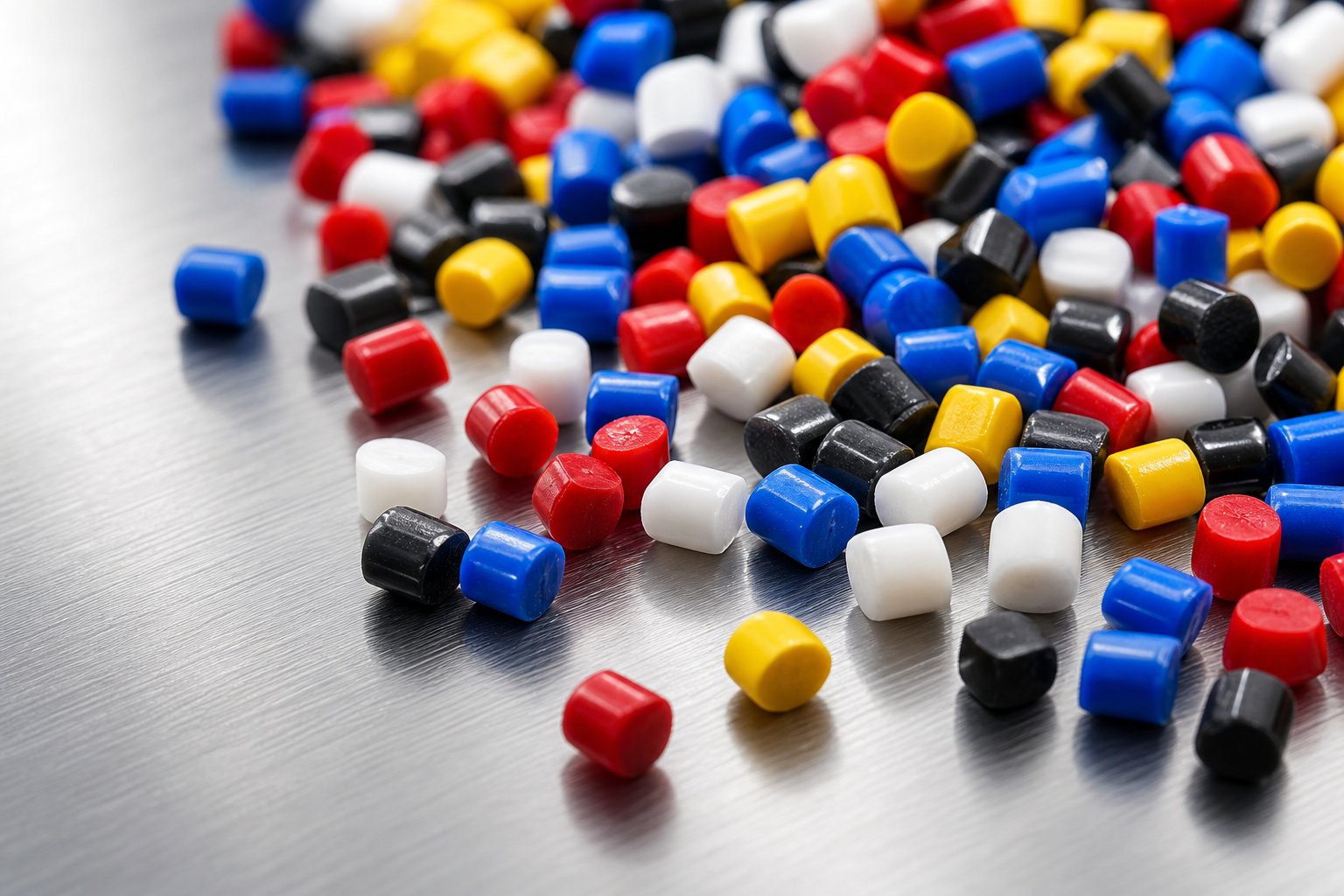 colored masterbatch pellets ready for blending with raw polymer during plastics processing