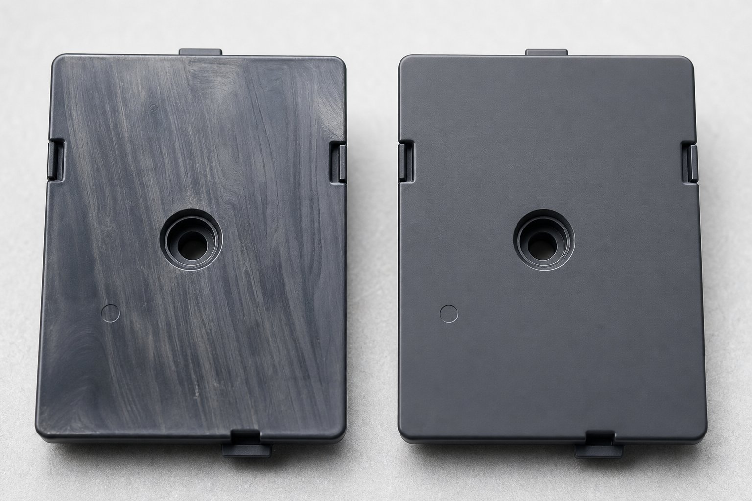 comparison of a streaked plastic part versus a defect free surface from properly dispersed color masterbatch