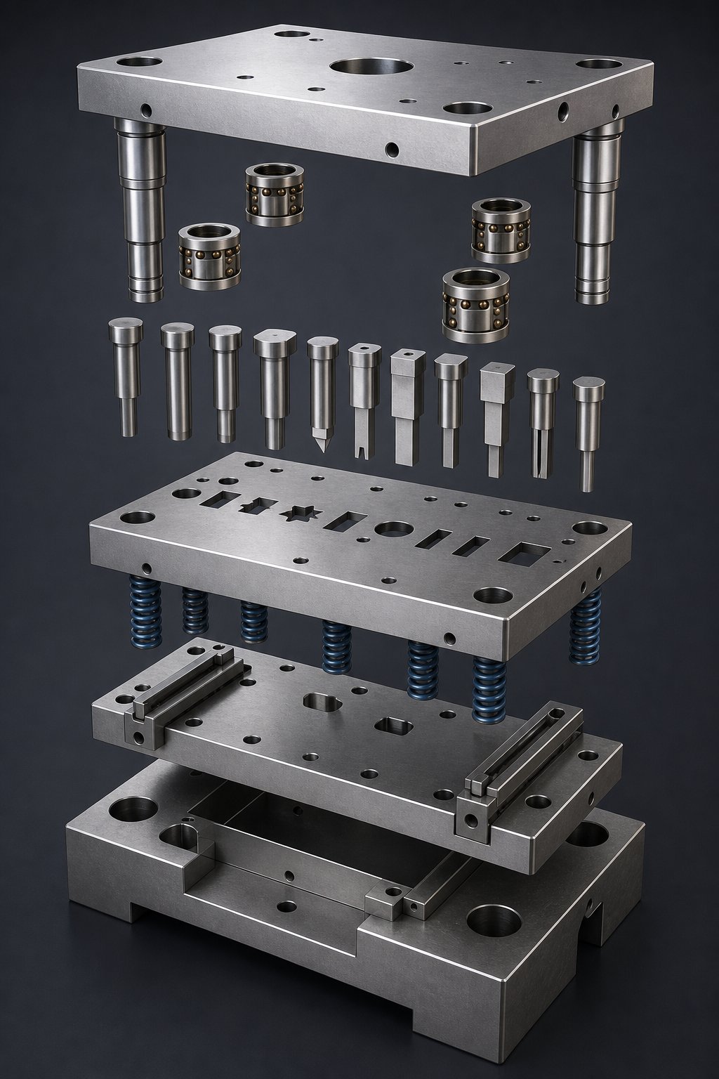 exploded view of stamping die components organized by functional group%E2%80%94cutting forming guiding and material control