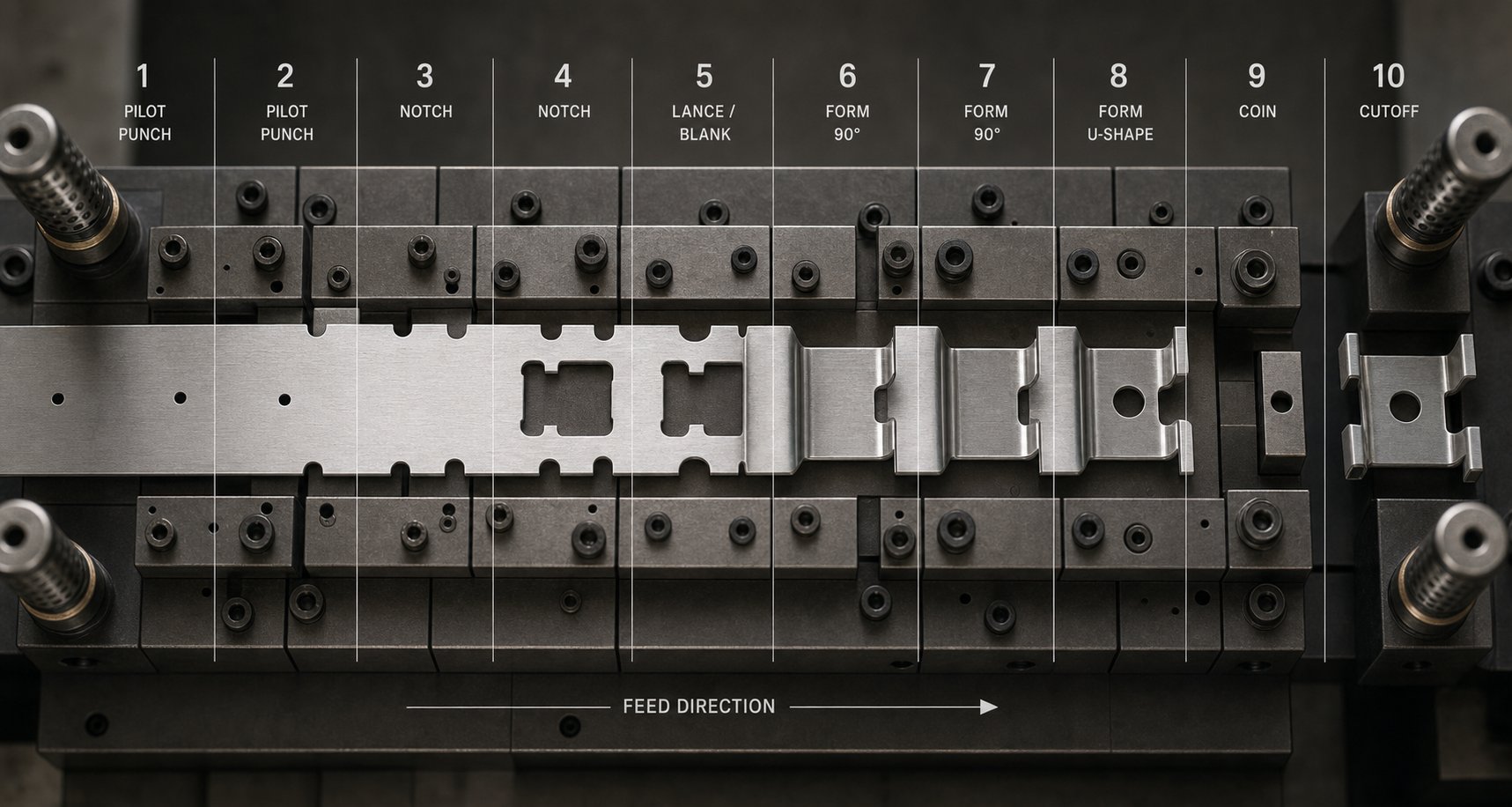 progressive die strip layout showing how flat metal transforms station by station into a finished stamped part