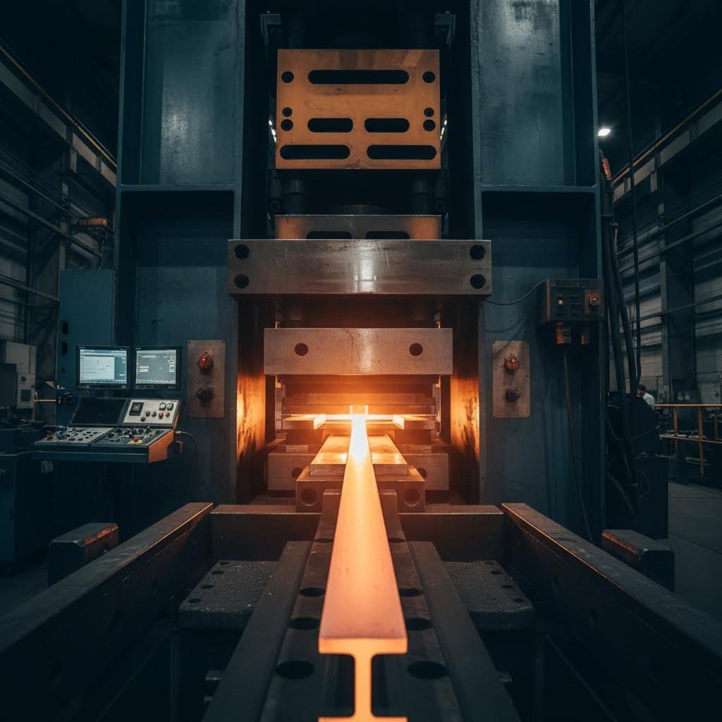 aluminum extrusion press forming heated billet into precision profile through engineered steel die