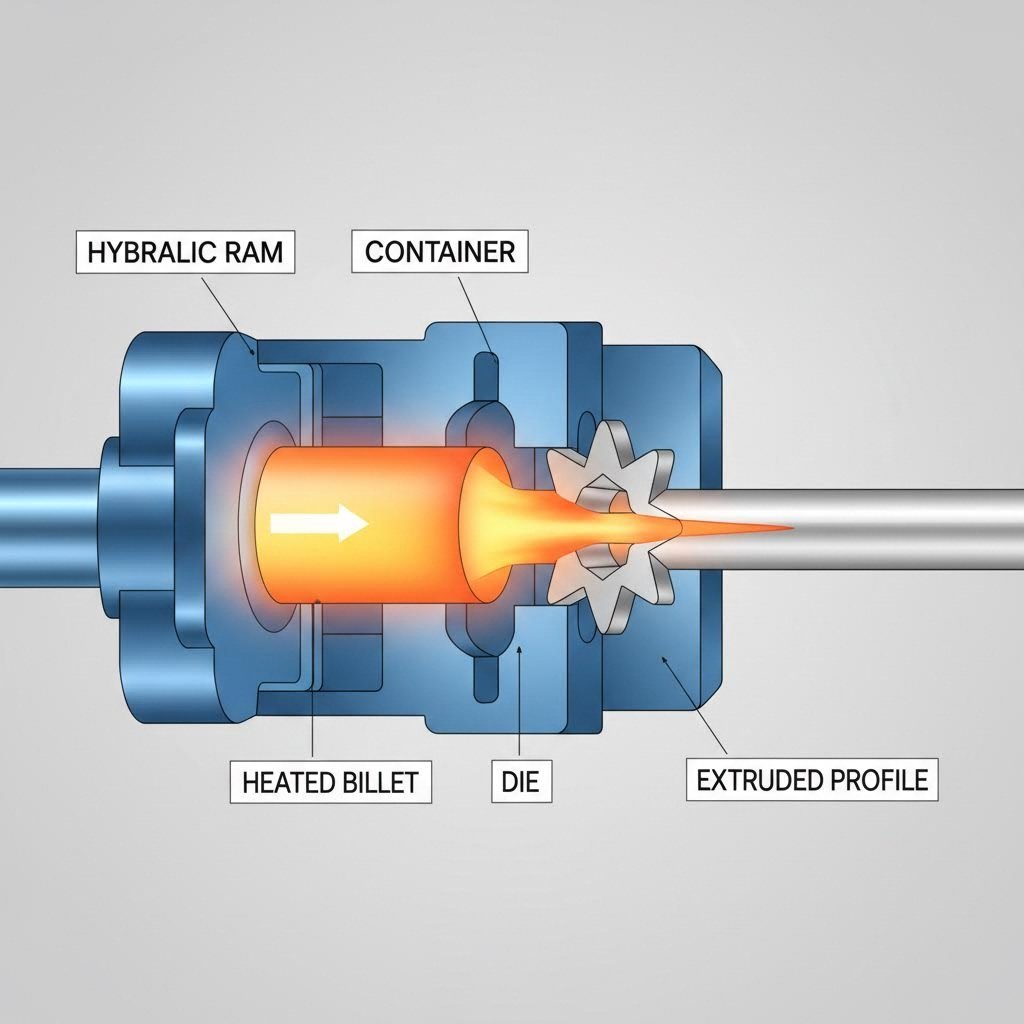cross section view of aluminum billet being forced through extrusion die by hydraulic ram