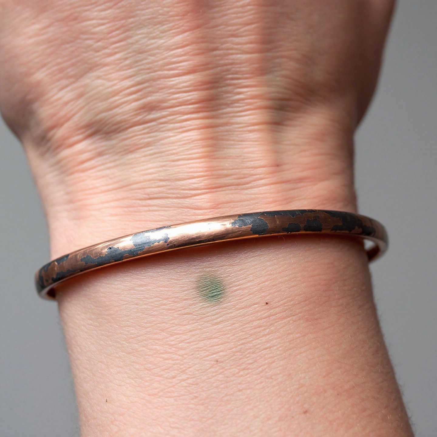 copper bracelet on wrist showing typical harmless green skin staining