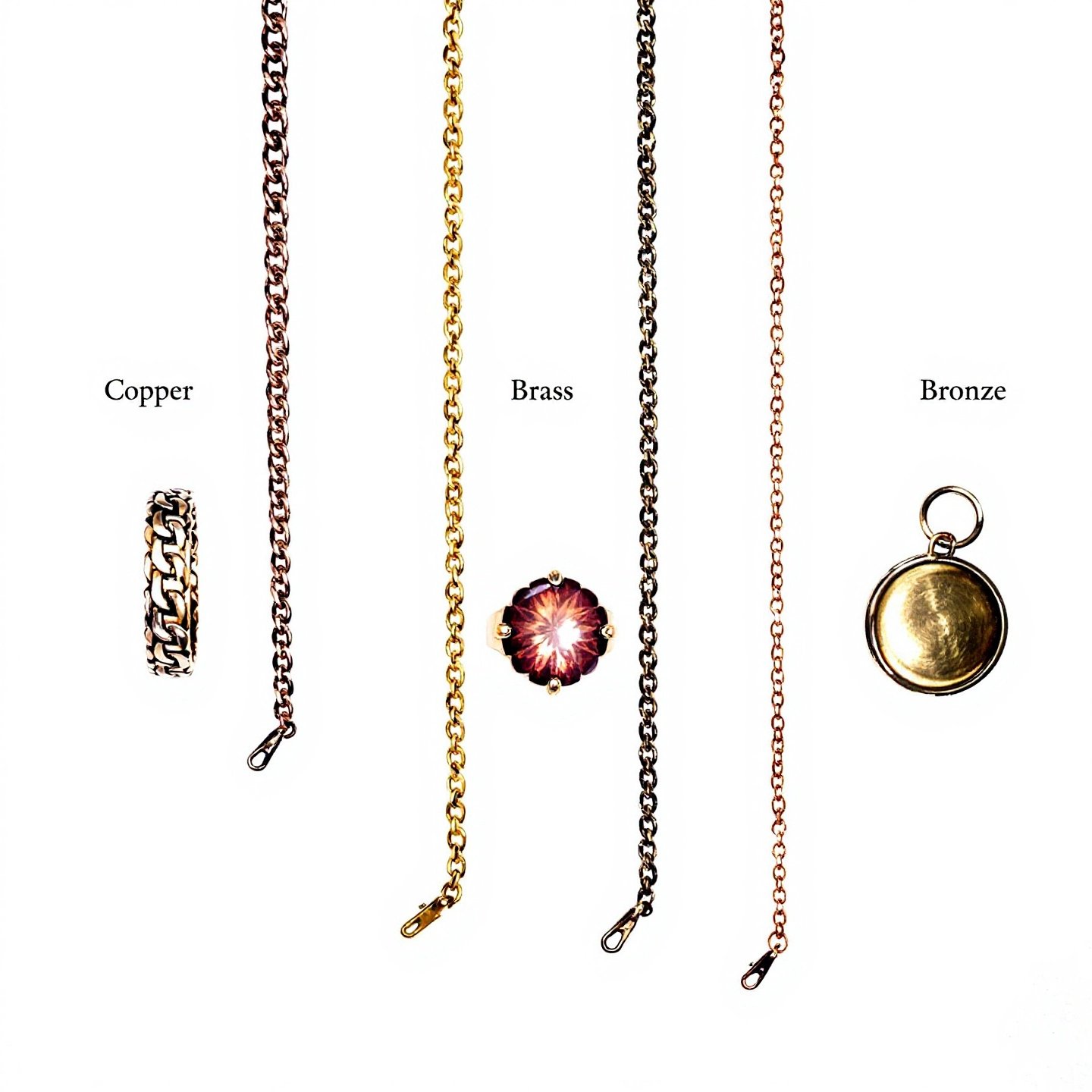 copper jewelry compared with brass and bronze to highlight color and finish differences