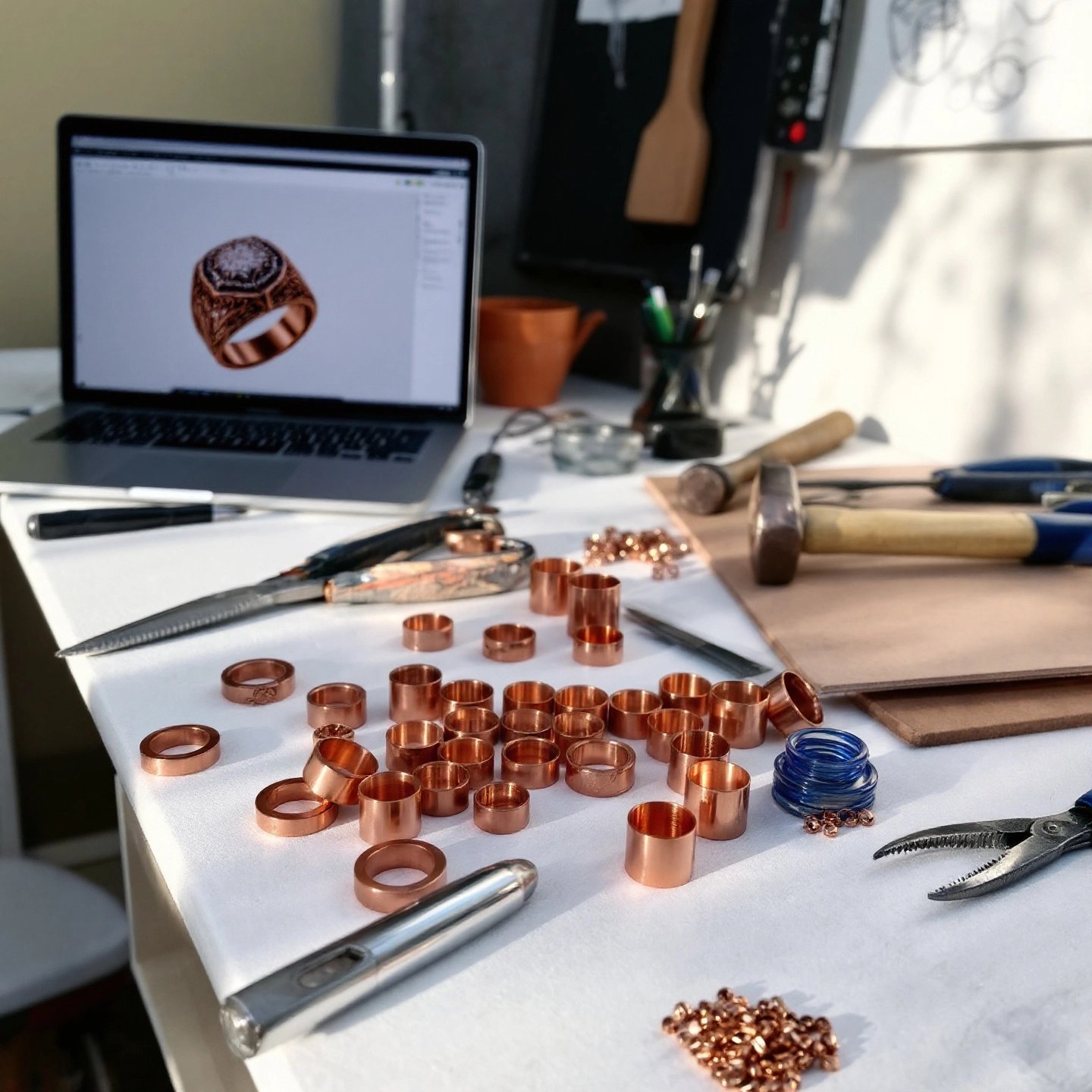 copper jewelry design workspace blending traditional tools with modern manufacturing