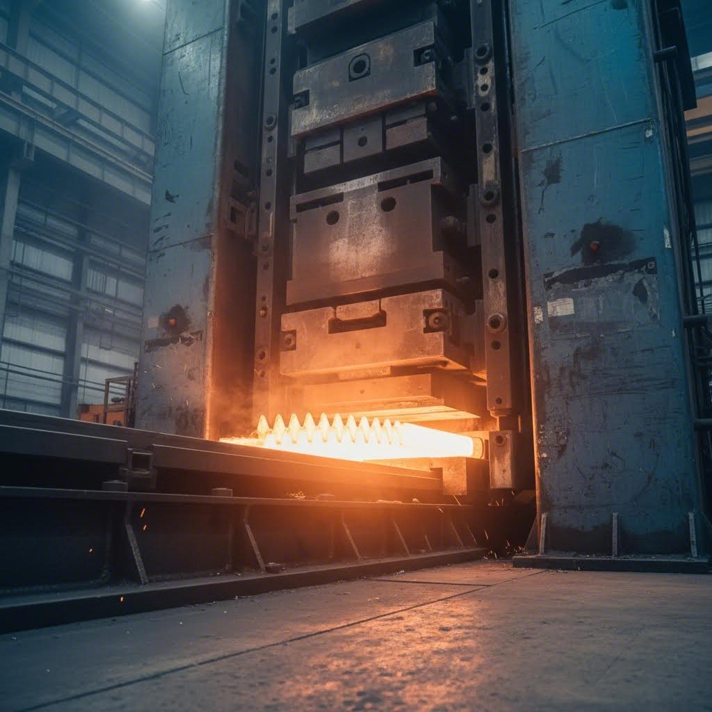 custom aluminum extrusion process showing heated metal forming precise profiles through specialized dies