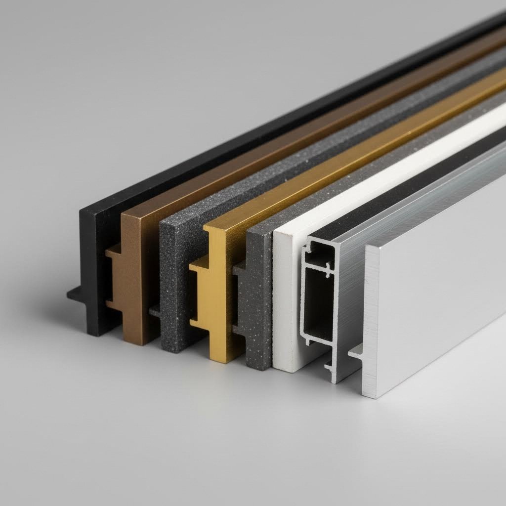 various aluminum surface finishes including anodized colors and powder coating options