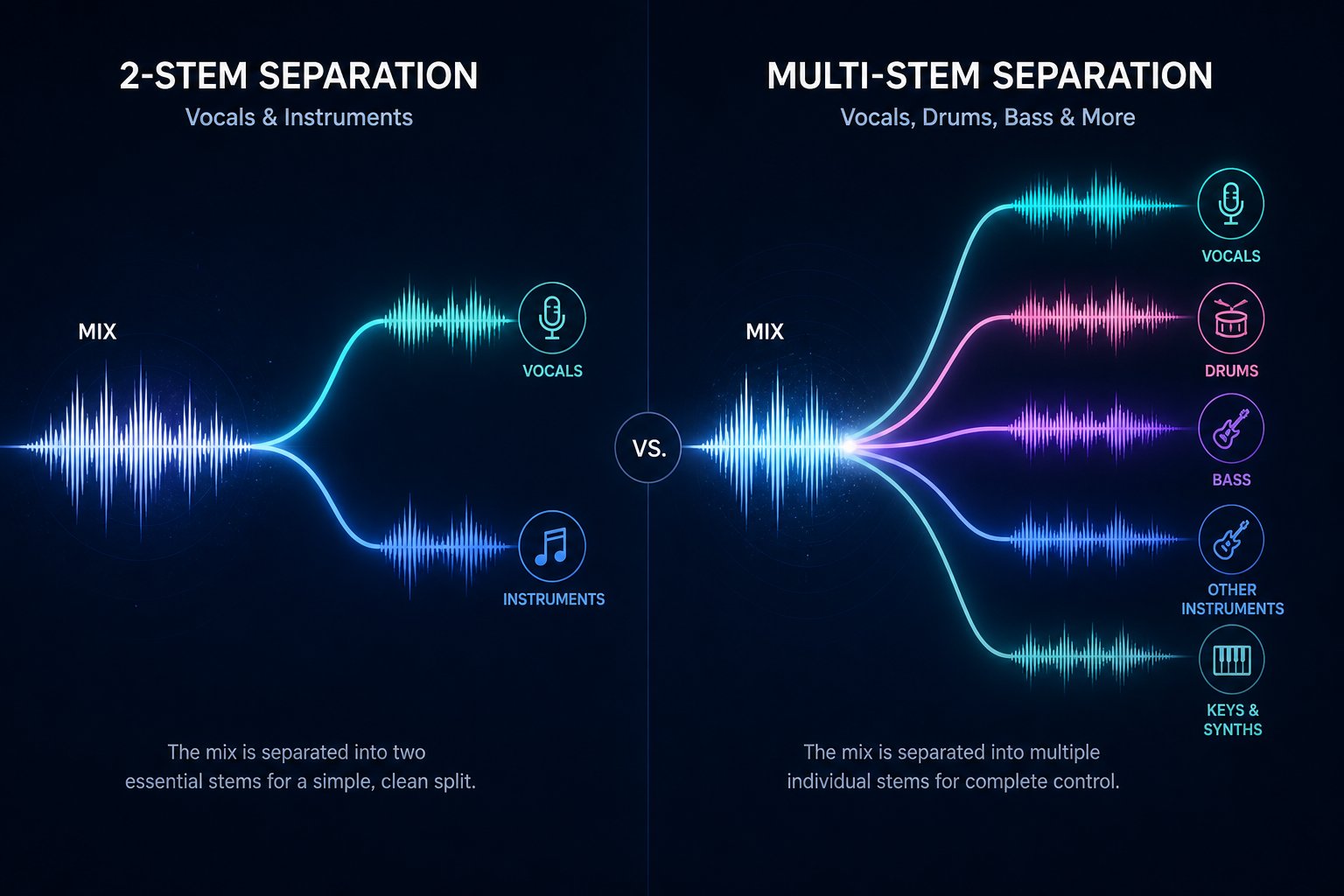 two stem mode produces a clean vocal and instrumental split while multi stem mode isolates individual instruments