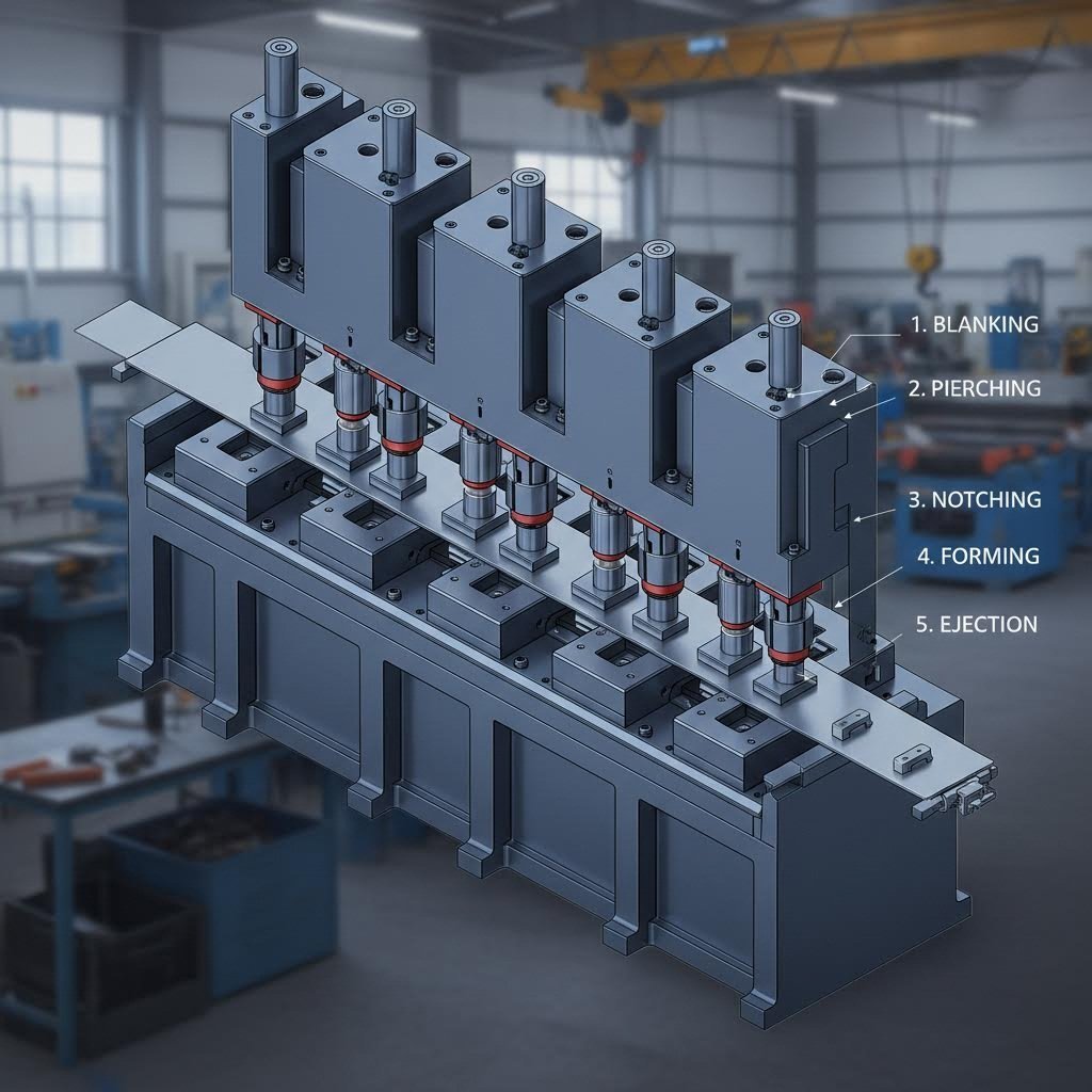 progressive stamping die with multiple stations for continuous high speed production