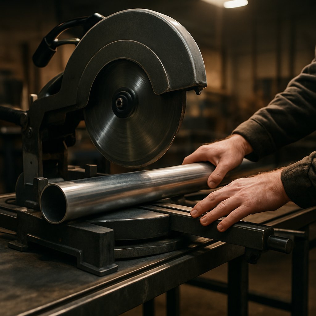 clamped aluminum pipe on a saw cutting station