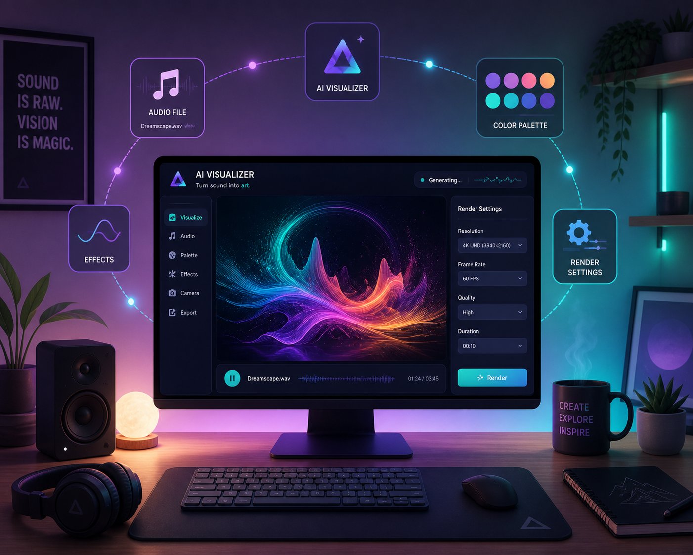 the ai visualizer workflow moves from audio upload through style selection to final rendered output