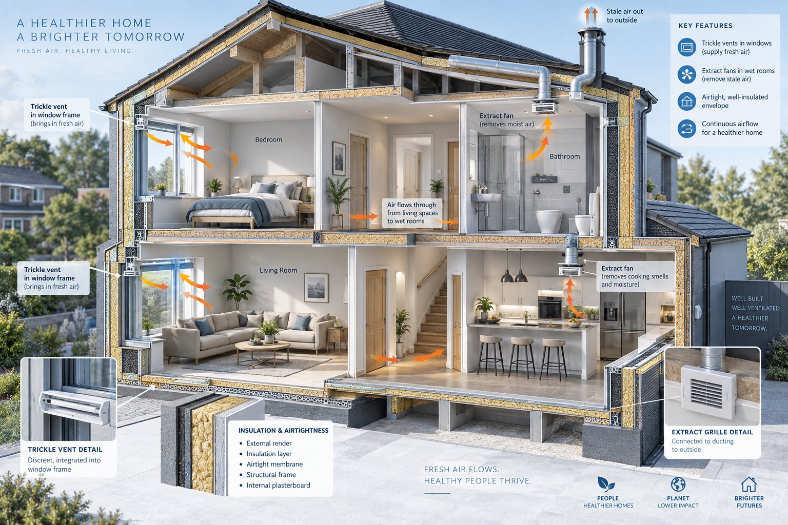 cross section of a modern dwelling showing part f ventilation pathways including trickle vents extract fans and airflow direction