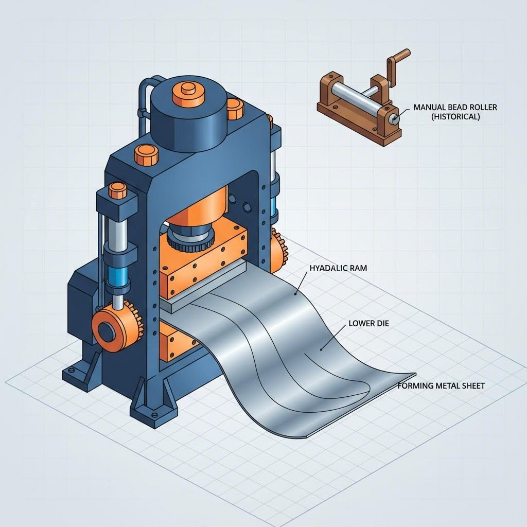 Industrial hydraulic stamping press versus manual bead roller for metal forming