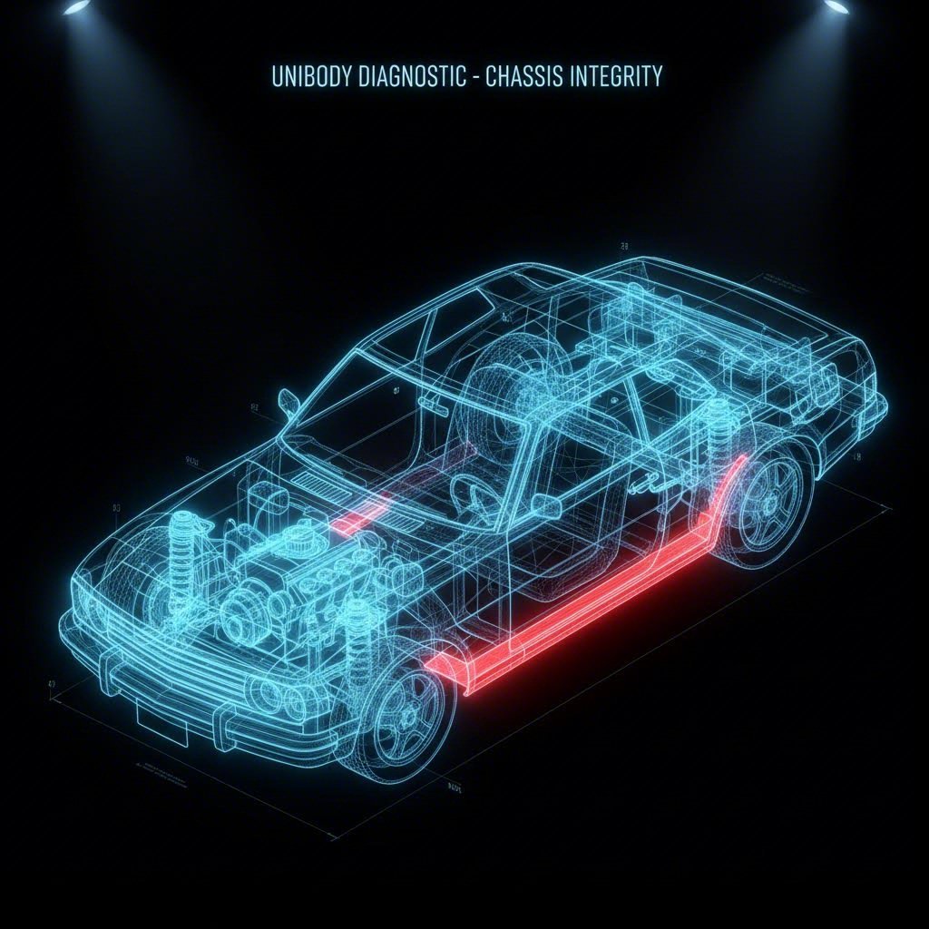 Schematic highlighting the structural location of rocker panels in a unibody chassis
