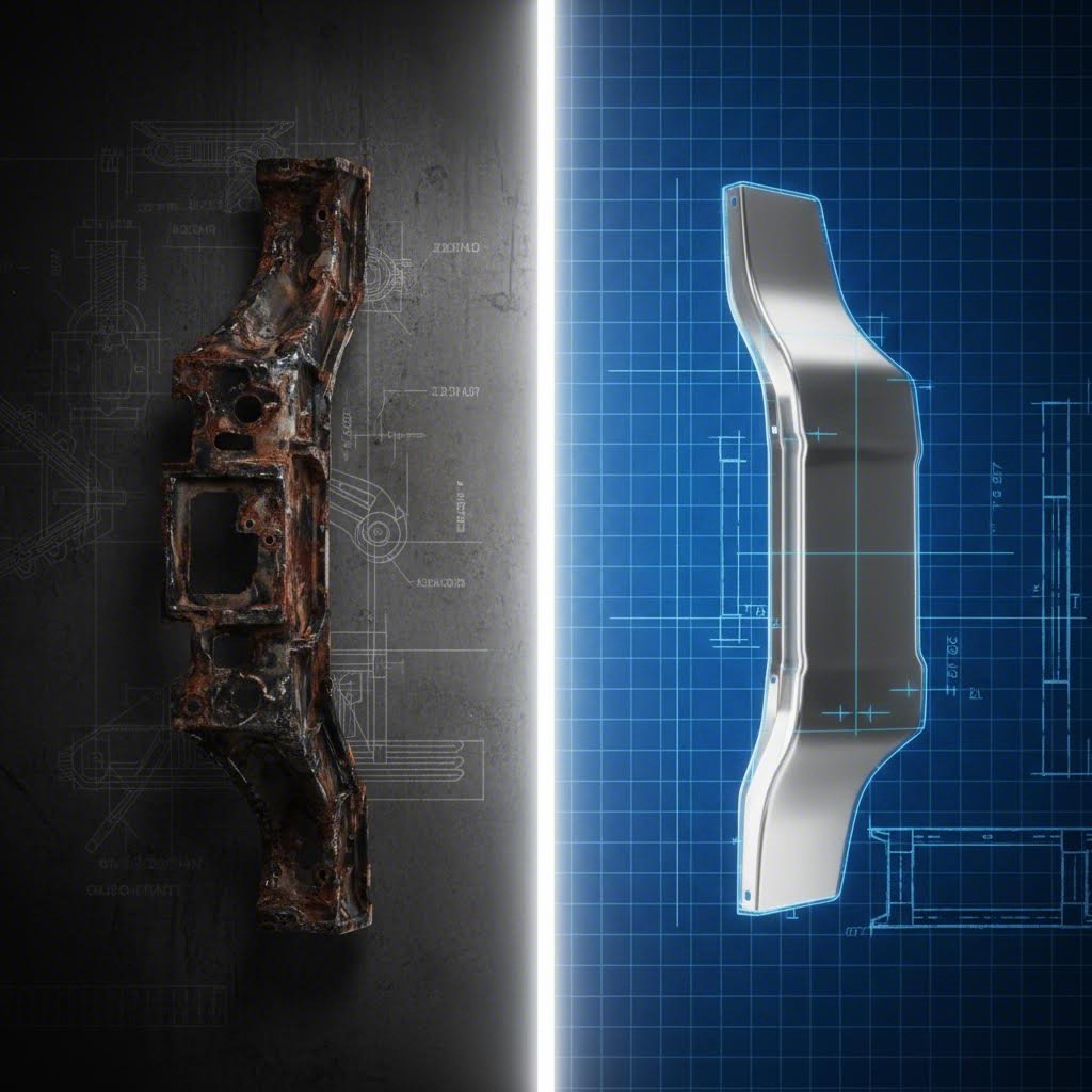 Visual comparison between a rusted structural failure and a pristine die stamped replacement panel