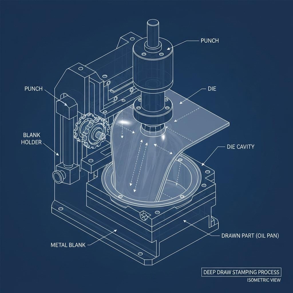 Cross section diagram of the deep draw stamping process for automotive oil pans