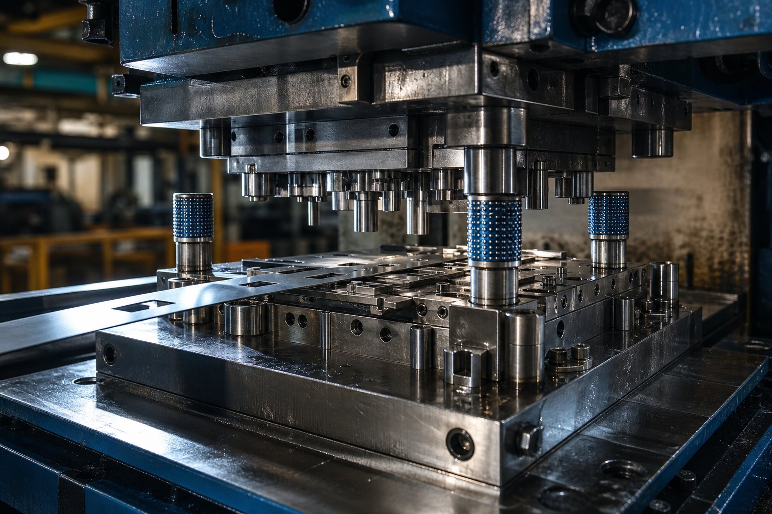info-1-1 a stamping die mould positioned in a press showing the upper punch and lower die block ready to form sheet metal