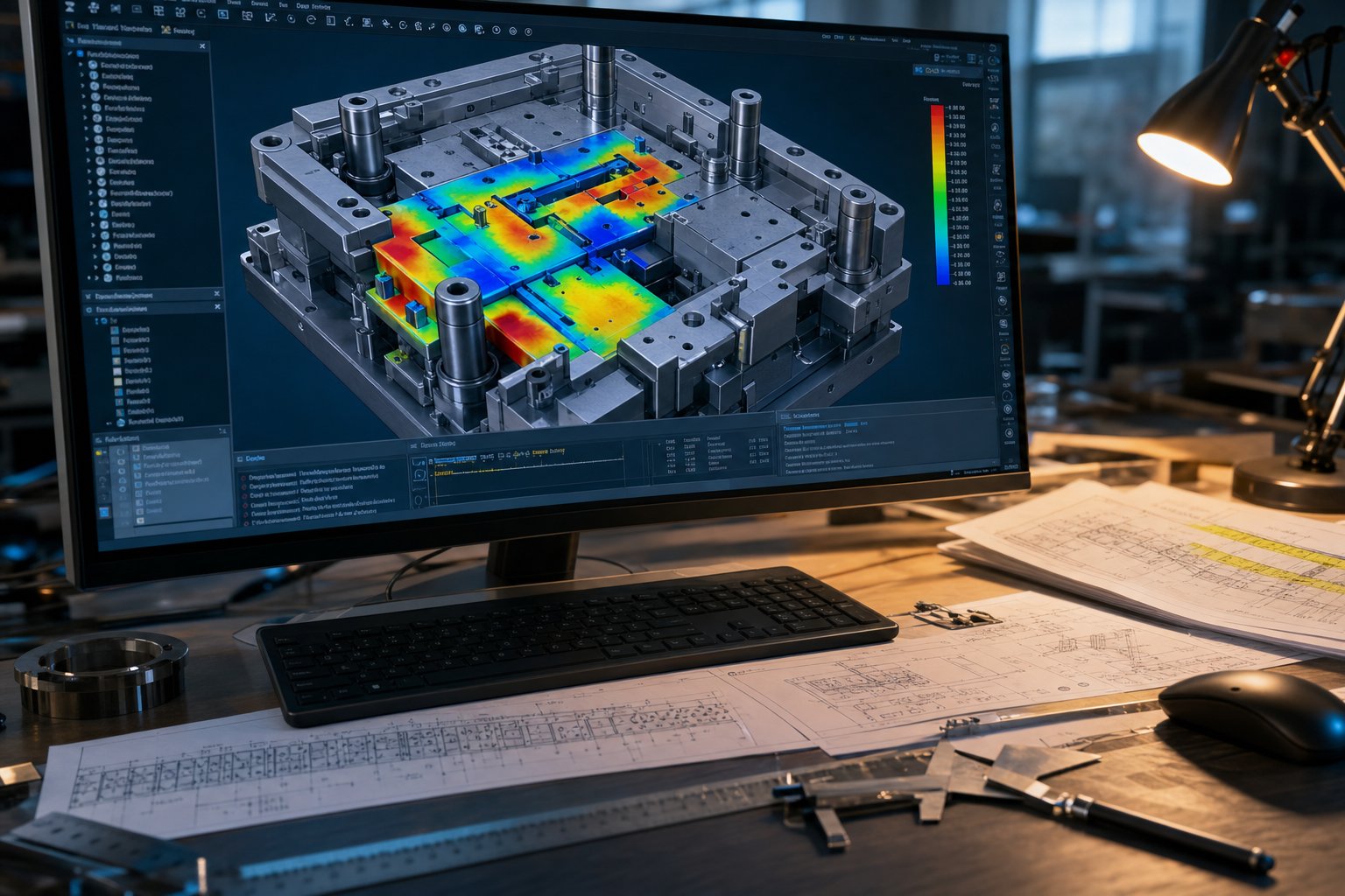 info-1-1 cad model of a stamping die with cae forming simulation results guiding design iterations before fabrication