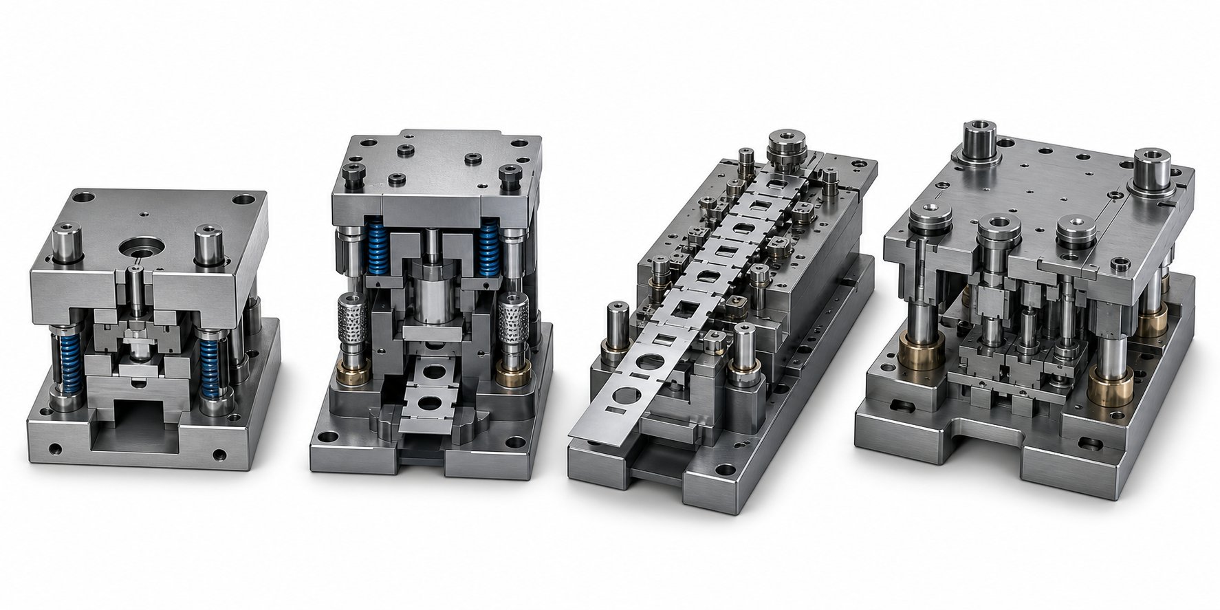 info-1-1 four primary stamping die types shown side by side single station compound progressive and transfer configurations