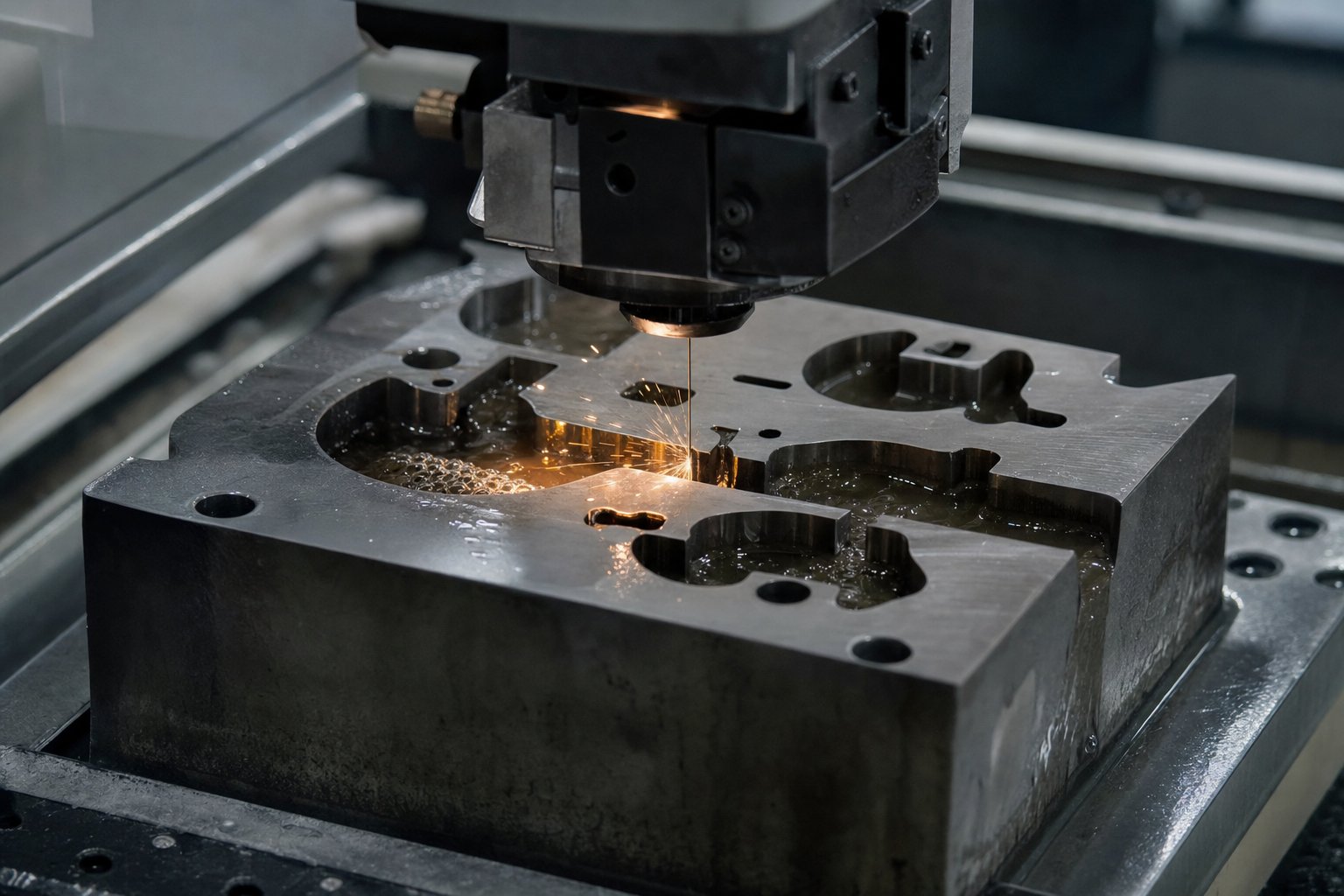 info-1-1 wire edm cutting a precision profile into a hardened die block during stamping die fabrication