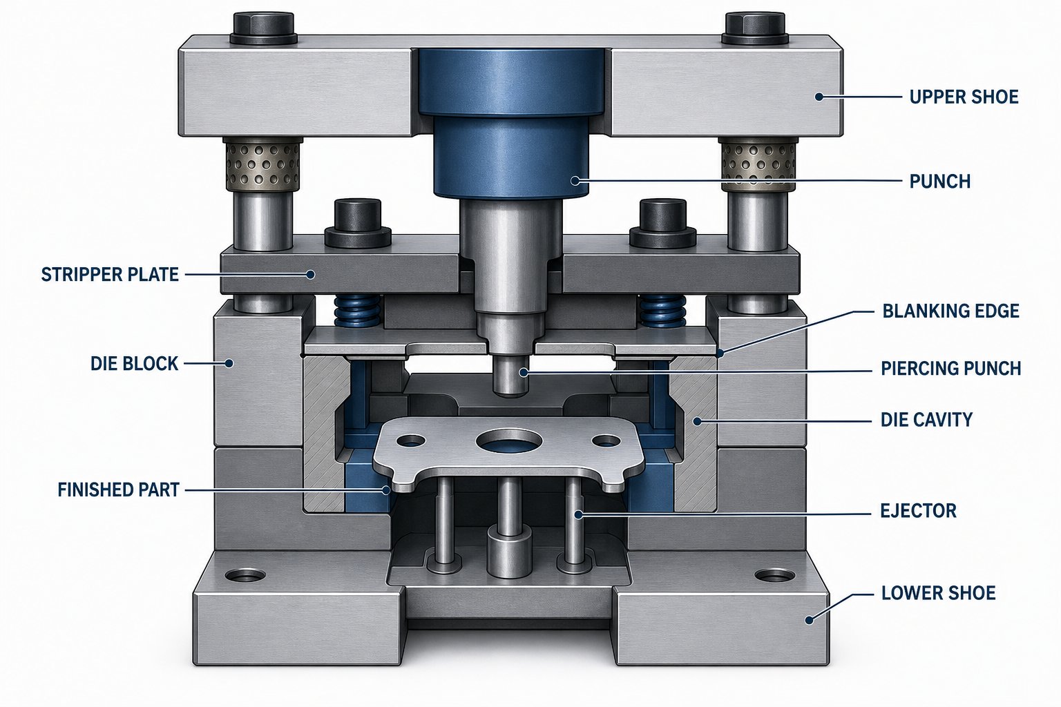 compound die stamping performs blanking and piercing in a single stroke for superior flatness and edge concentricity